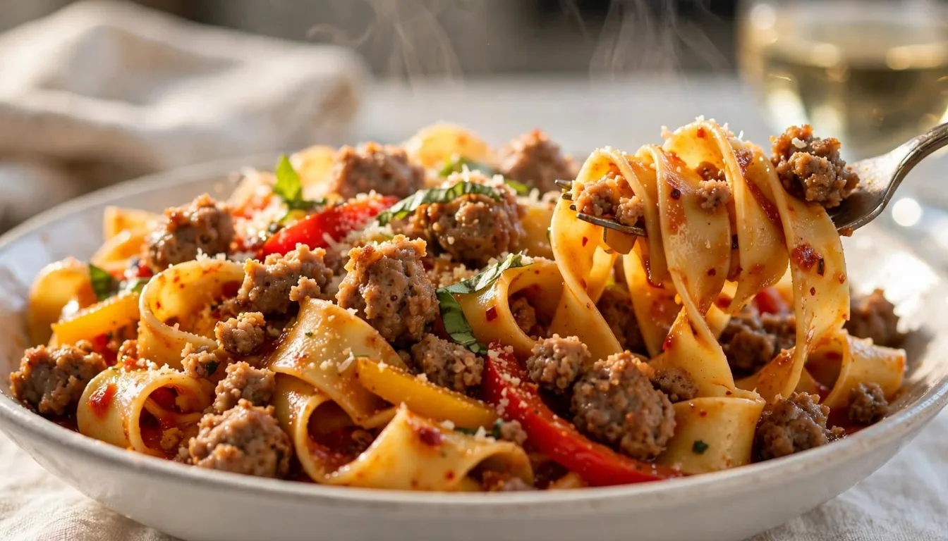 Bowl of spicy Italian drunken noodles with sausage, bell peppers, basil, and Parmesan