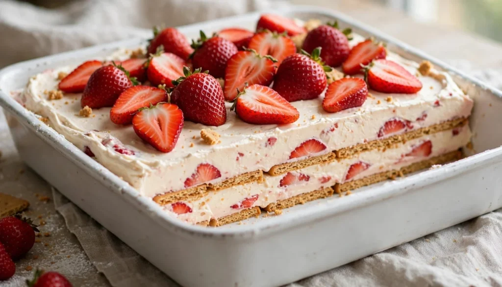 Strawberry cream cheese icebox cake in a white baking dish with fresh strawberries on top and visible layered graham cracker slices