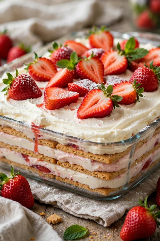 Strawberry cream cheese icebox cake in a white baking dish with fresh strawberries on top and visible layered graham cracker slices
