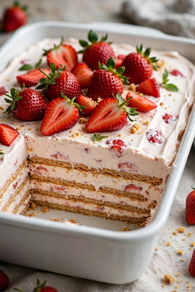 Strawberry cream cheese icebox cake in a white baking dish with fresh strawberries on top and visible layered graham cracker slices