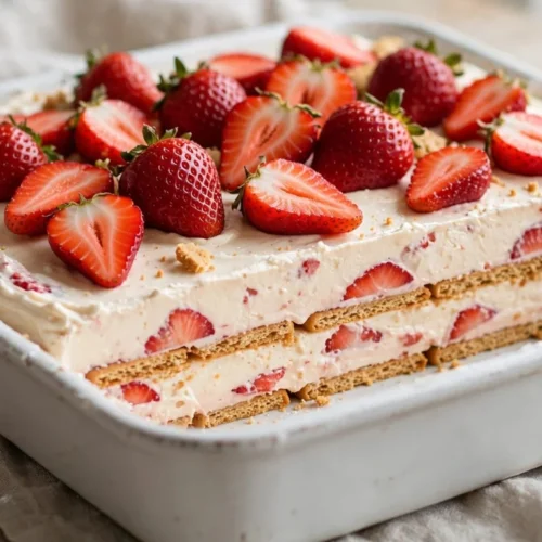 Strawberry cream cheese icebox cake in a white baking dish with fresh strawberries on top and visible layered graham cracker slices
