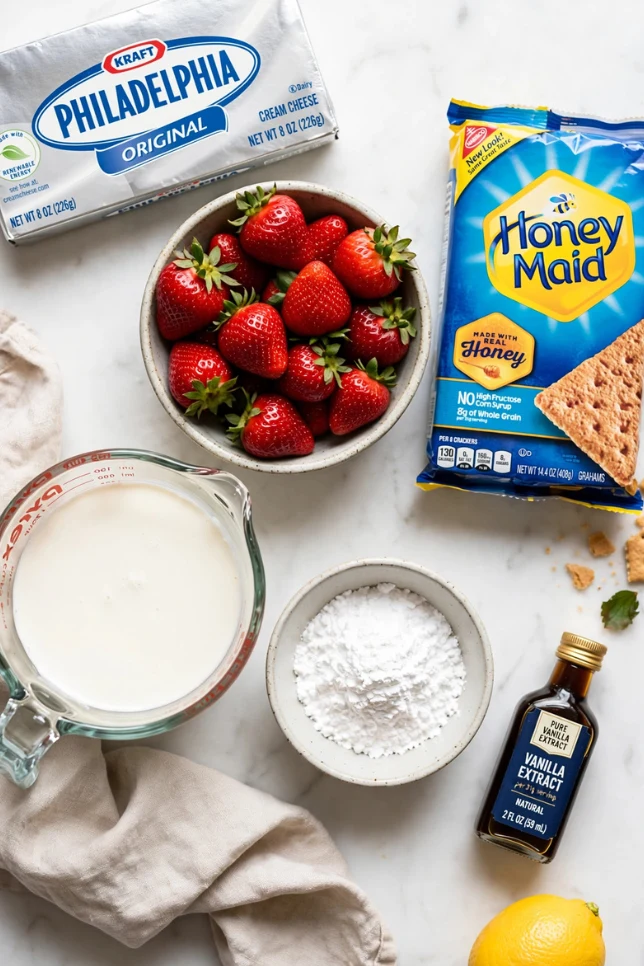 Ingredients for strawberry cream cheese icebox cake laid out on white marble including cream cheese, fresh strawberries, graham crackers, heavy cream, and powdered sugar