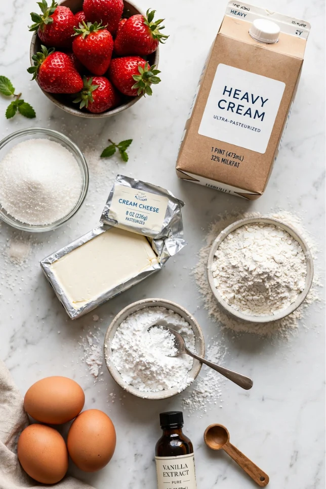 Overhead flat lay of ingredients for strawberry shortcake cake roll including fresh strawberries, cream cheese, eggs, flour and heavy cream on white marble