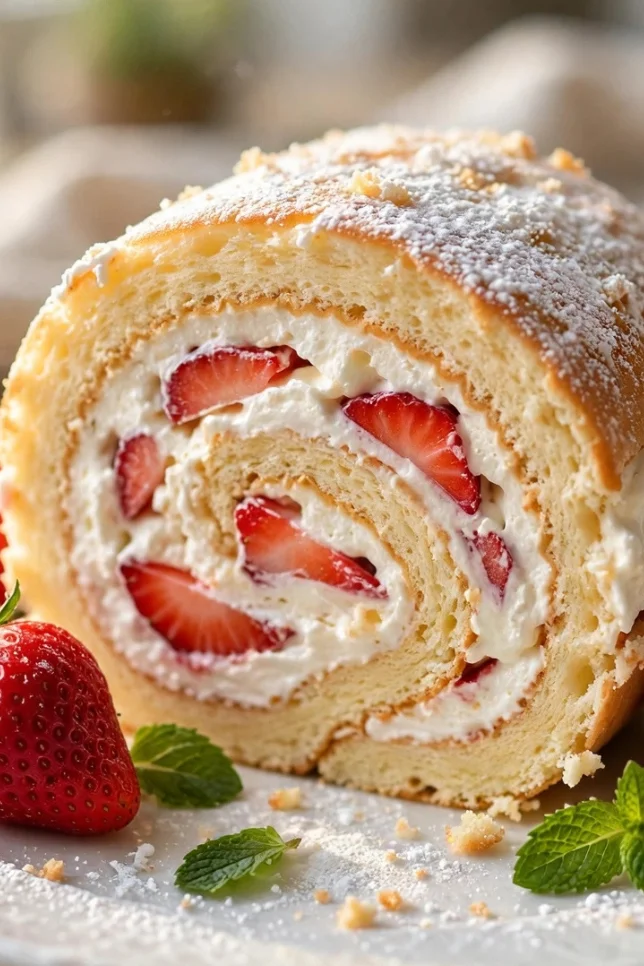 Sliced strawberry shortcake cake roll showing layers of whipped cream and fresh strawberries on a white plate