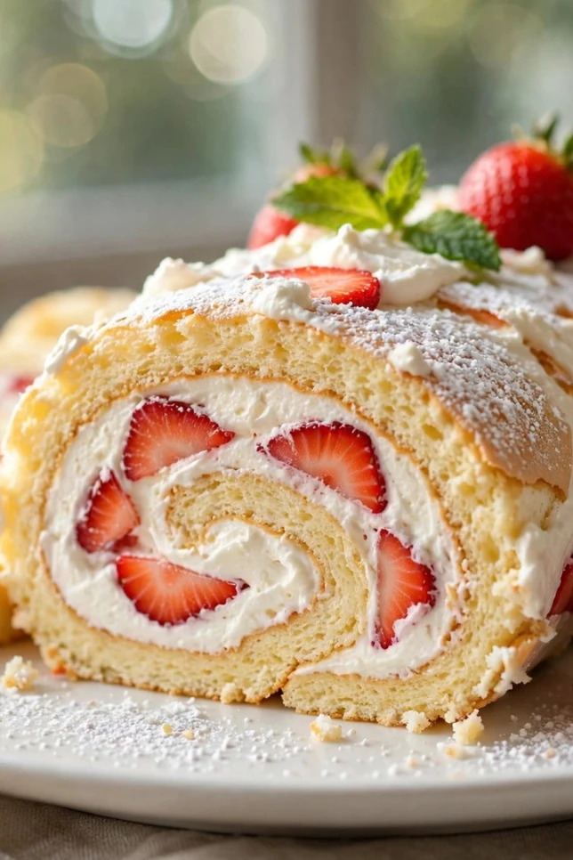 Sliced strawberry shortcake cake roll showing layers of whipped cream and fresh strawberries on a white plate