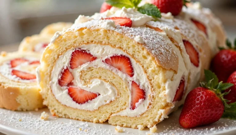 Sliced strawberry shortcake cake roll showing layers of whipped cream and fresh strawberries on a white plate