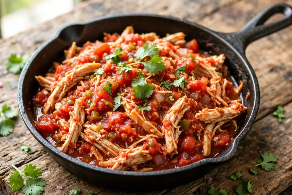 Shredded salsa chicken in a skillet ready to serve
