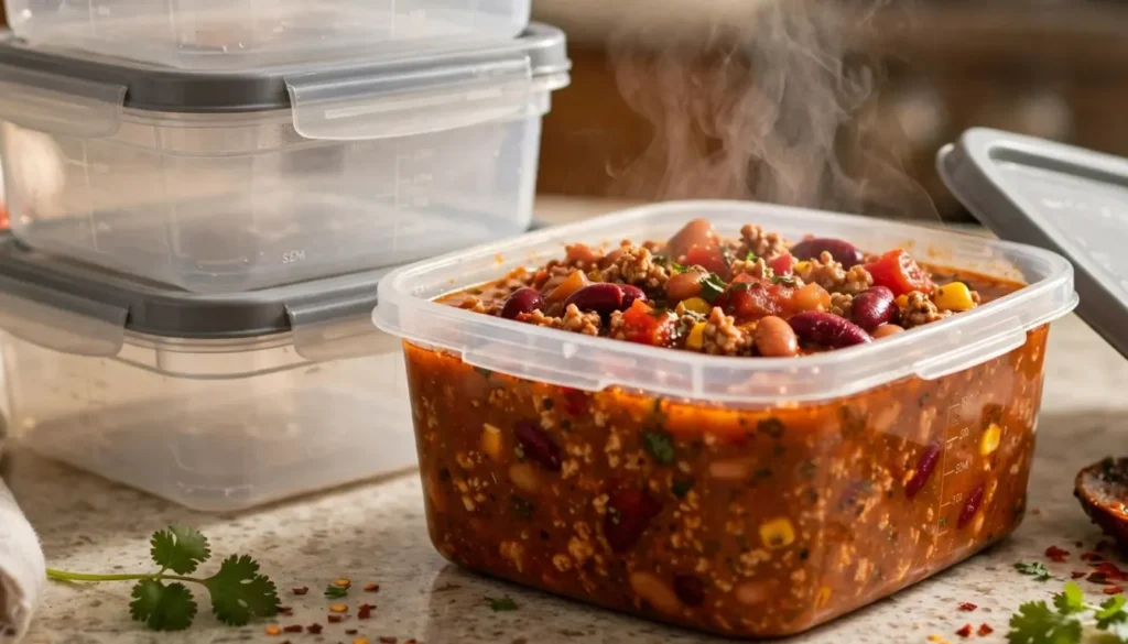 Turkey chili portioned into freezer-safe containers for meal prep
