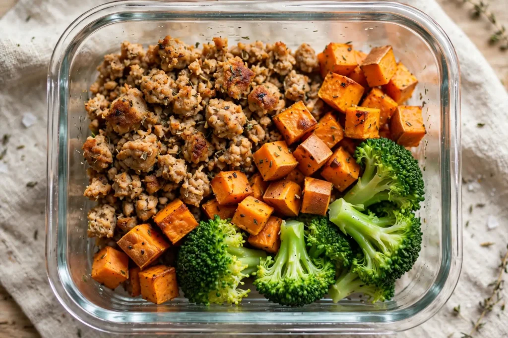 Meal prep bowl with ground turkey, roasted sweet potatoes, and steamed broccoli
