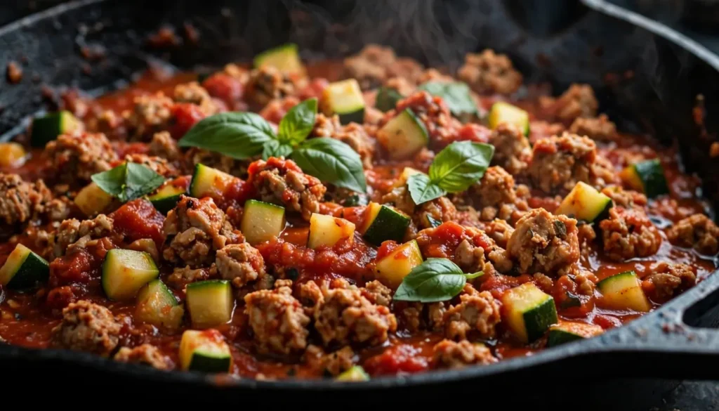 Ground turkey and zucchini skillet with diced tomatoes