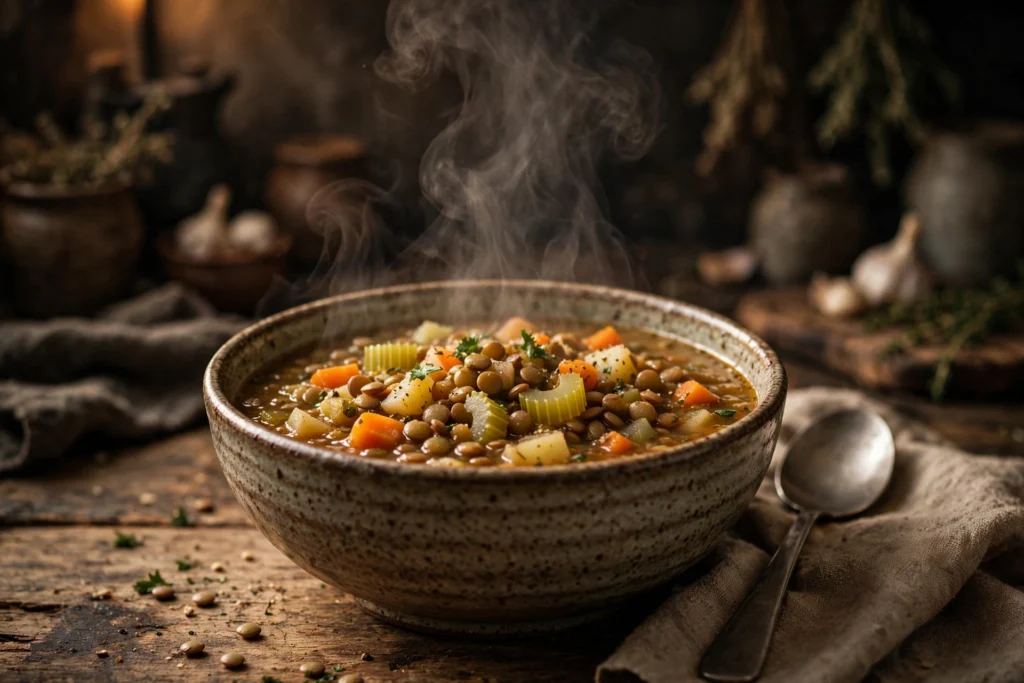 Bowl of vegetable lentil soup with carrots and celery, steam rising