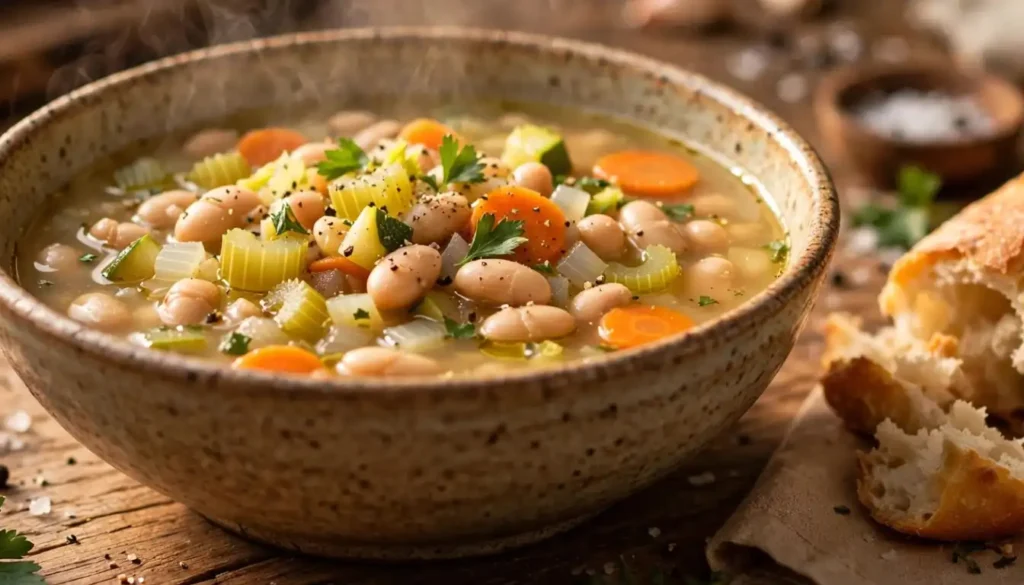 Bowl of white bean and vegetable soup