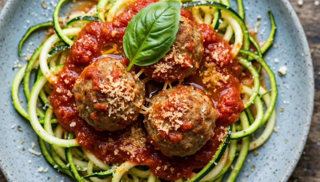 Turkey meatballs over zucchini noodles with marinara sauce