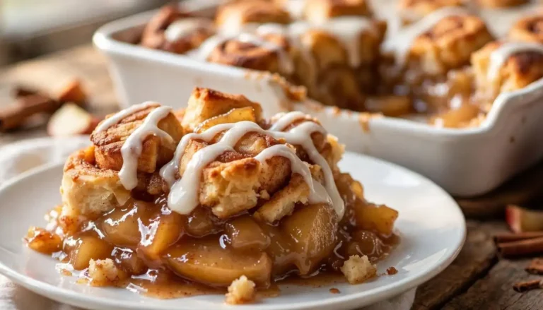 3-ingredient cinnamon roll apple cobbler in a white baking dish with golden cinnamon rolls, apple pie filling and vanilla icing
