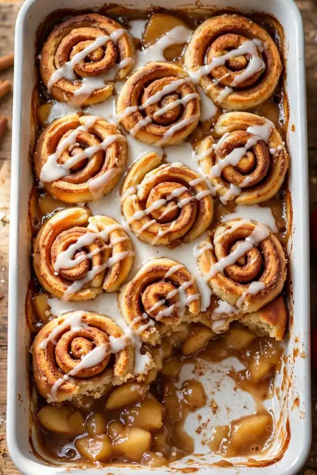 3-ingredient cinnamon roll apple cobbler in a white baking dish with golden cinnamon rolls, apple pie filling and vanilla icing