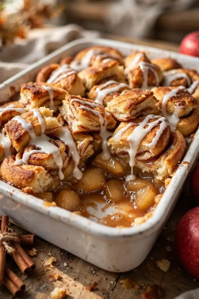 3-ingredient cinnamon roll apple cobbler in a white baking dish with golden cinnamon rolls, apple pie filling and vanilla icing