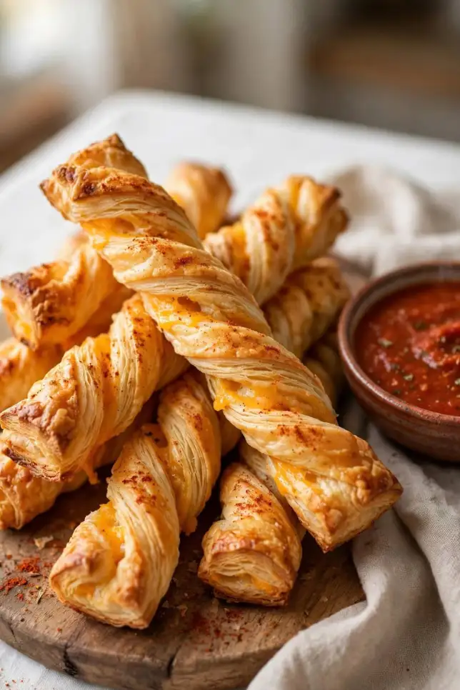 Golden twisted 4-ingredient cheesy straws stacked on a wooden board with marinara dipping sauce
