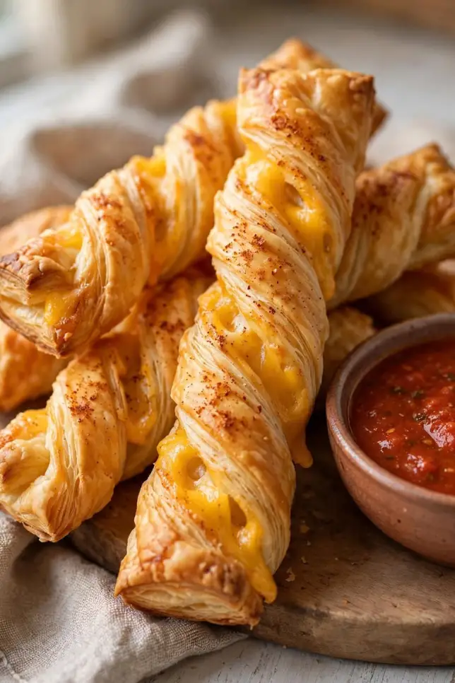 Golden twisted 4-ingredient cheesy straws stacked on a wooden board with marinara dipping sauce