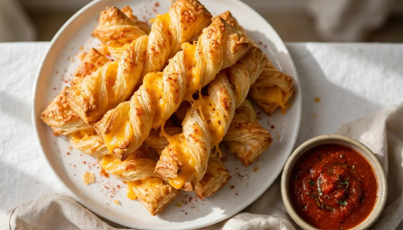 Golden twisted 4-ingredient cheesy straws stacked on a wooden board with marinara dipping sauce