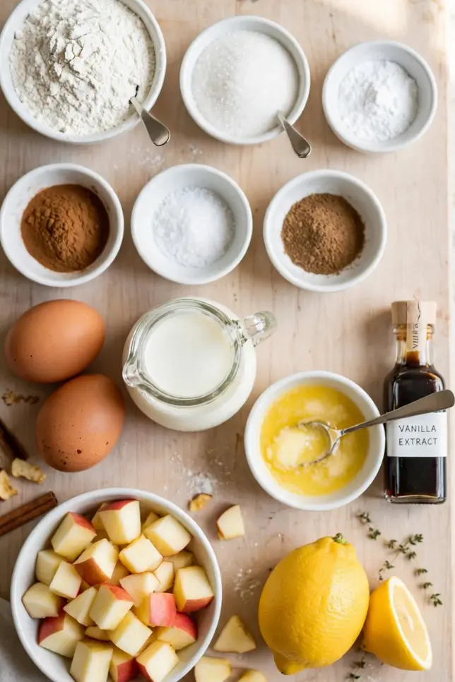 Overhead flat lay of apple fritter ingredients in bowls including flour, cinnamon, eggs, and apples
