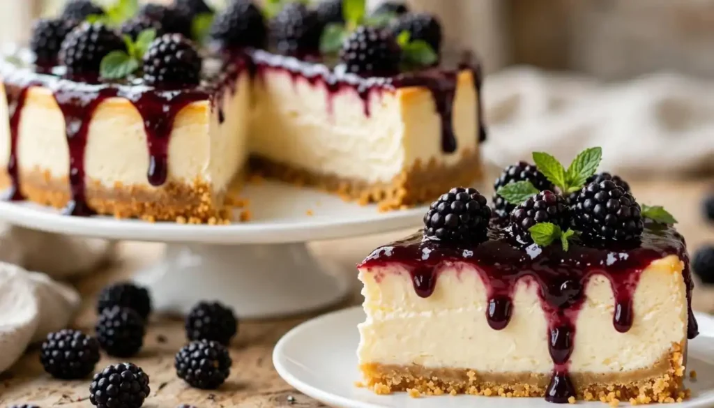 Whole blackberry cheesecake topped with glossy blackberry sauce and fresh berries on a white cake stand