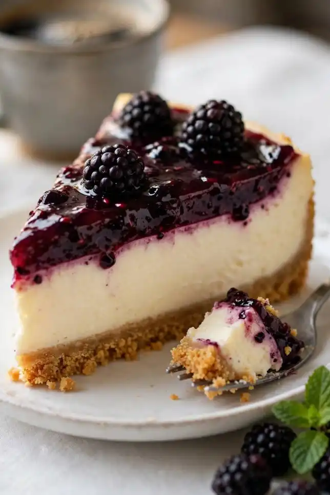 Whole blackberry cheesecake topped with glossy blackberry sauce and fresh berries on a white cake stand