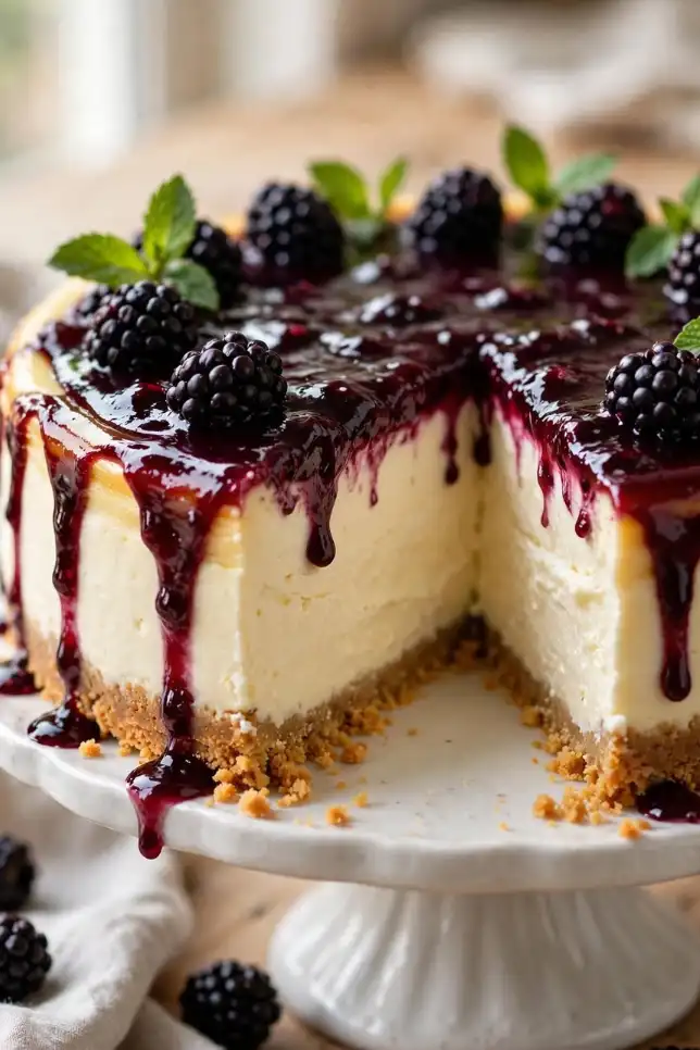 Whole blackberry cheesecake topped with glossy blackberry sauce and fresh berries on a white cake stand