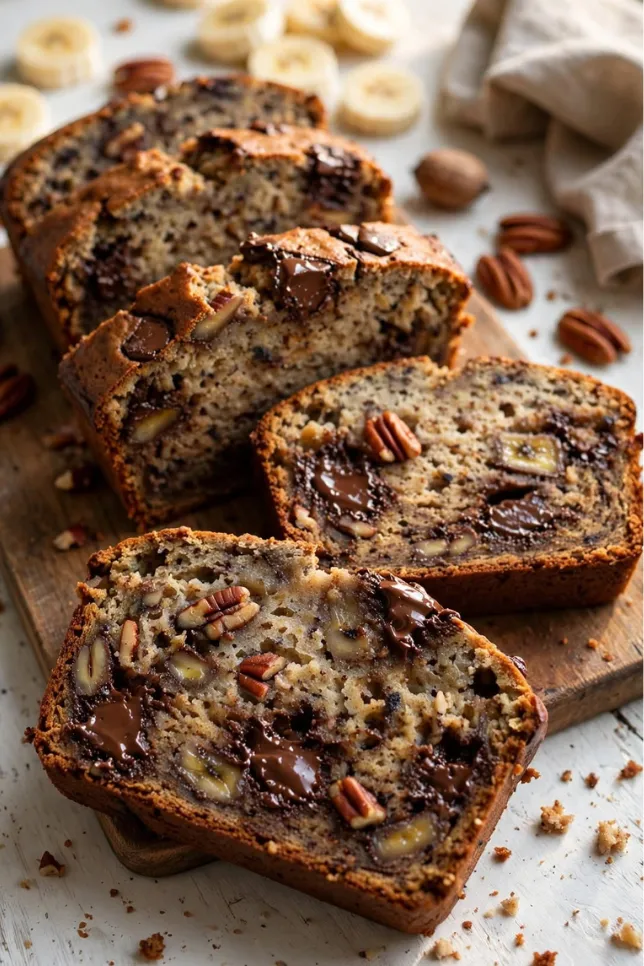 Sliced brown butter banana bread loaf with melted chocolate chunks and toasted pecans on a wooden board