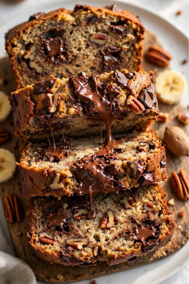 Sliced brown butter banana bread loaf with melted chocolate chunks and toasted pecans on a wooden board