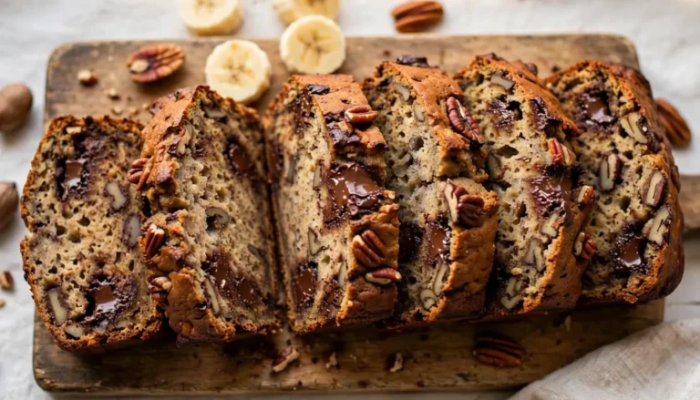 Sliced brown butter banana bread loaf with melted chocolate chunks and toasted pecans on a wooden board
