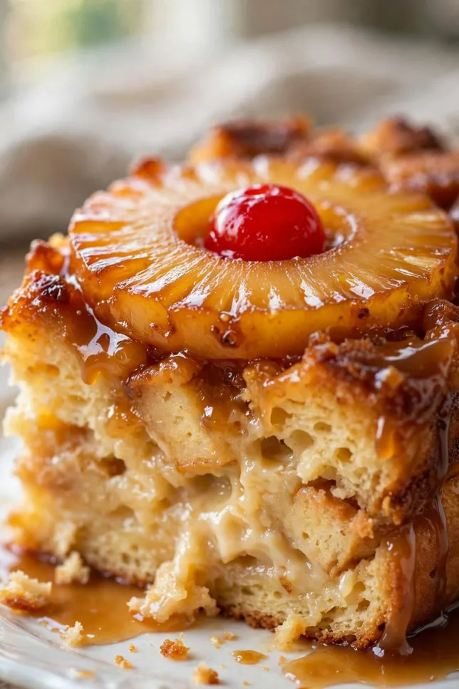 Caramelized pineapple upside-down bread pudding cake with golden pineapple rings and caramel on a white plate