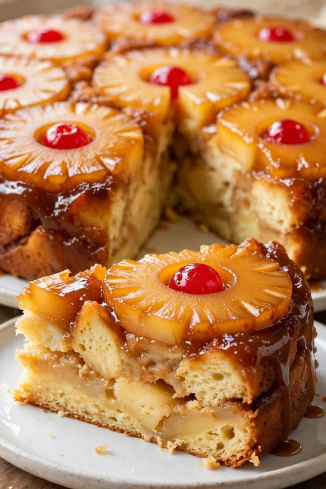 Caramelized pineapple upside-down bread pudding cake with golden pineapple rings and caramel on a white plate