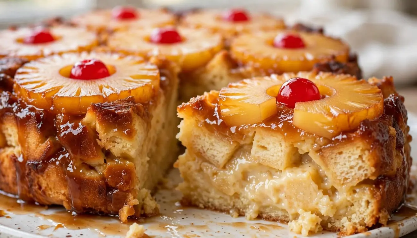 Caramelized pineapple upside-down bread pudding cake with golden pineapple rings and caramel on a white plate