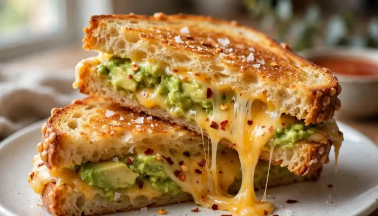 Cheesy avocado grilled cheese sandwich cut in half with melted cheddar and creamy avocado on a wooden board