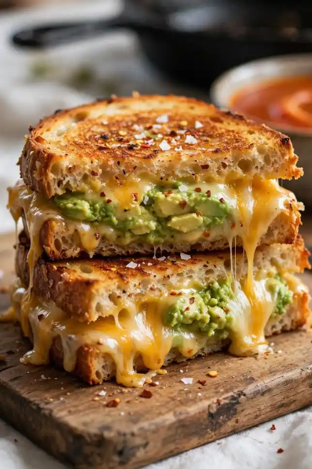 Cheesy avocado grilled cheese sandwich cut in half with melted cheddar and creamy avocado on a wooden board