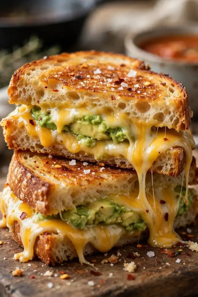 Cheesy avocado grilled cheese sandwich cut in half with melted cheddar and creamy avocado on a wooden board