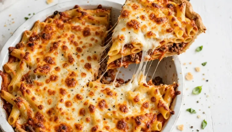 Golden cheesy baked pasta pie with one slice lifted showing melted mozzarella and meat sauce layers