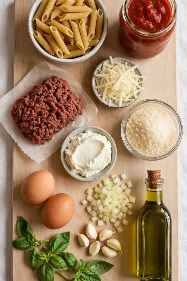 Ingredients for cheesy baked pasta pie including penne, marinara, ground beef, ricotta, mozzarella, and eggs