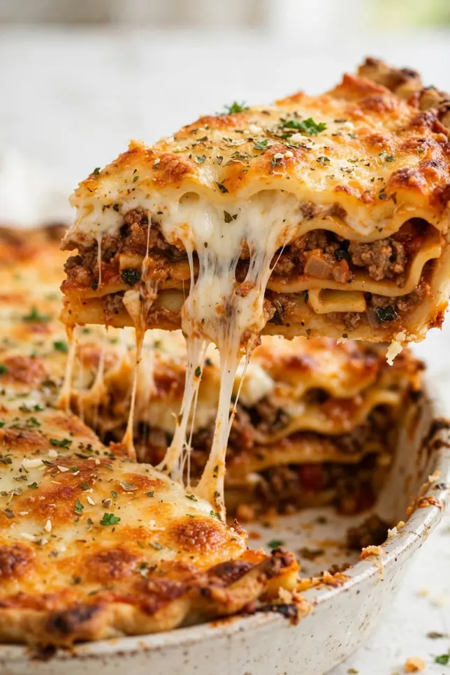 Golden cheesy baked pasta pie with one slice lifted showing melted mozzarella and meat sauce layers