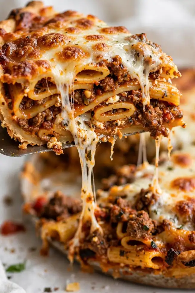 Golden cheesy baked pasta pie with one slice lifted showing melted mozzarella and meat sauce layers