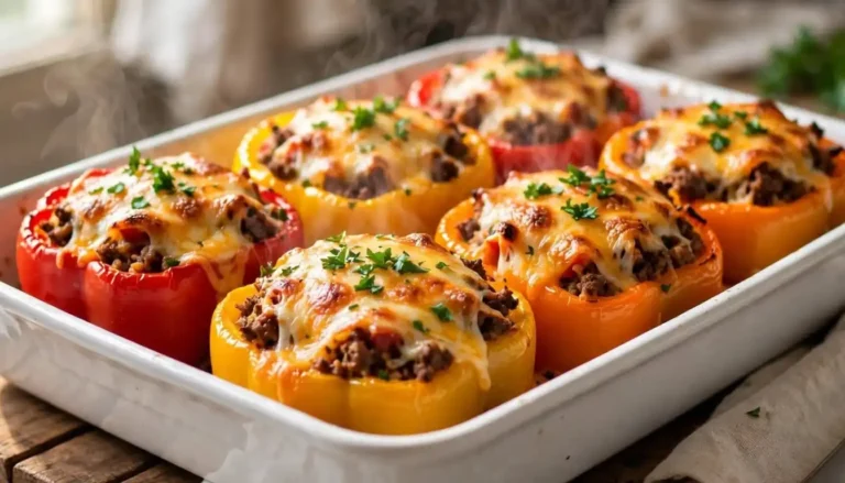 Cheesy rice-stuffed bell peppers topped with melted cheddar in a white baking dish