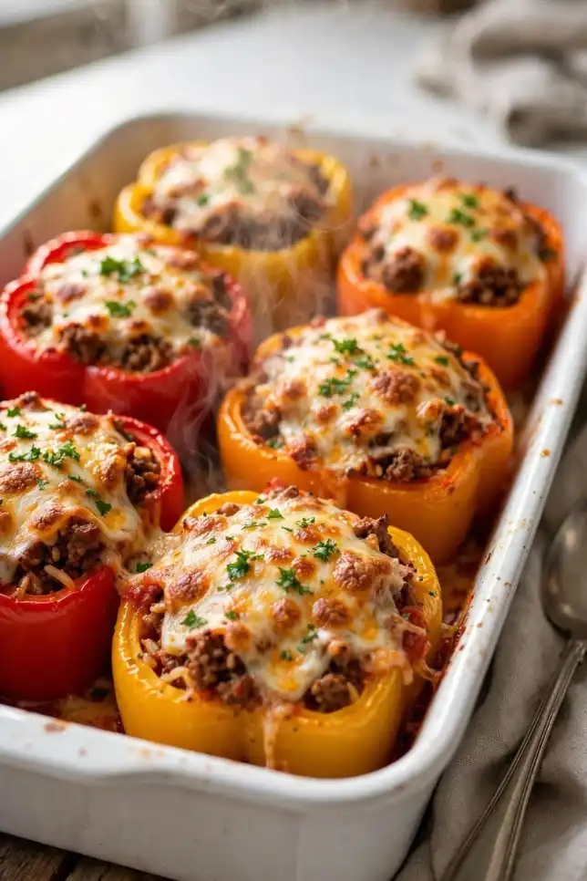 Cheesy rice-stuffed bell peppers topped with melted cheddar in a white baking dish