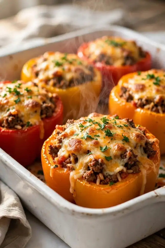 Cheesy rice-stuffed bell peppers topped with melted cheddar in a white baking dish