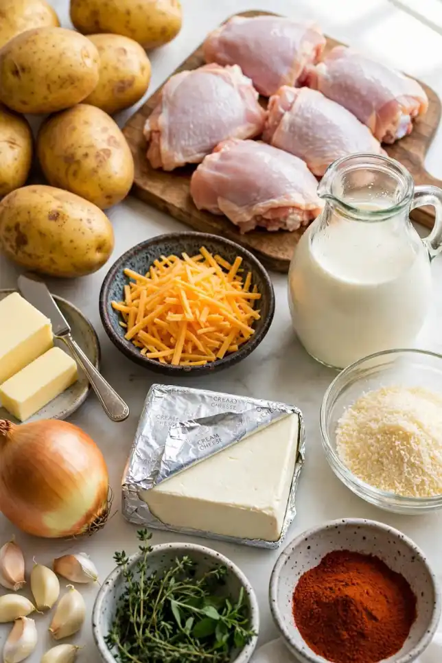 Ingredients for creamy chicken and potato casserole including Yukon Gold potatoes, chicken thighs, and cheese