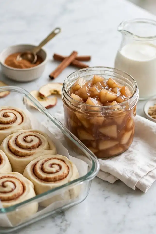 Ingredients for cinnamon roll apple cobbler including refrigerated cinnamon rolls, apple pie filling and heavy cream on a marble counter