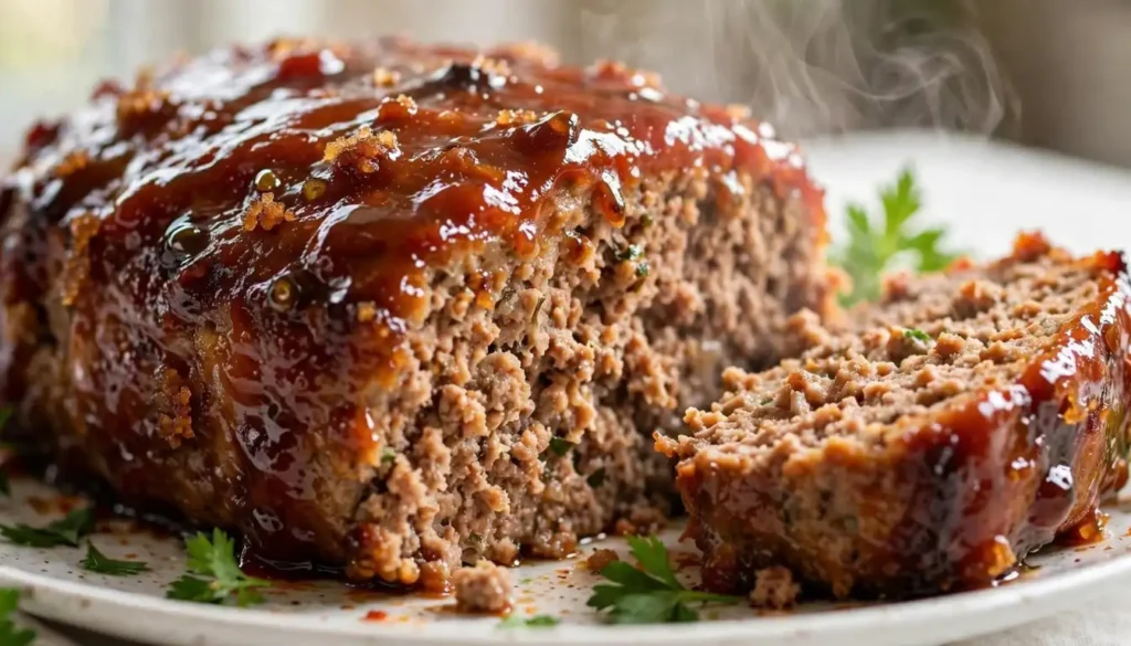 Classic glazed meatloaf with sticky brown sugar glaze sliced on a wooden cutting board