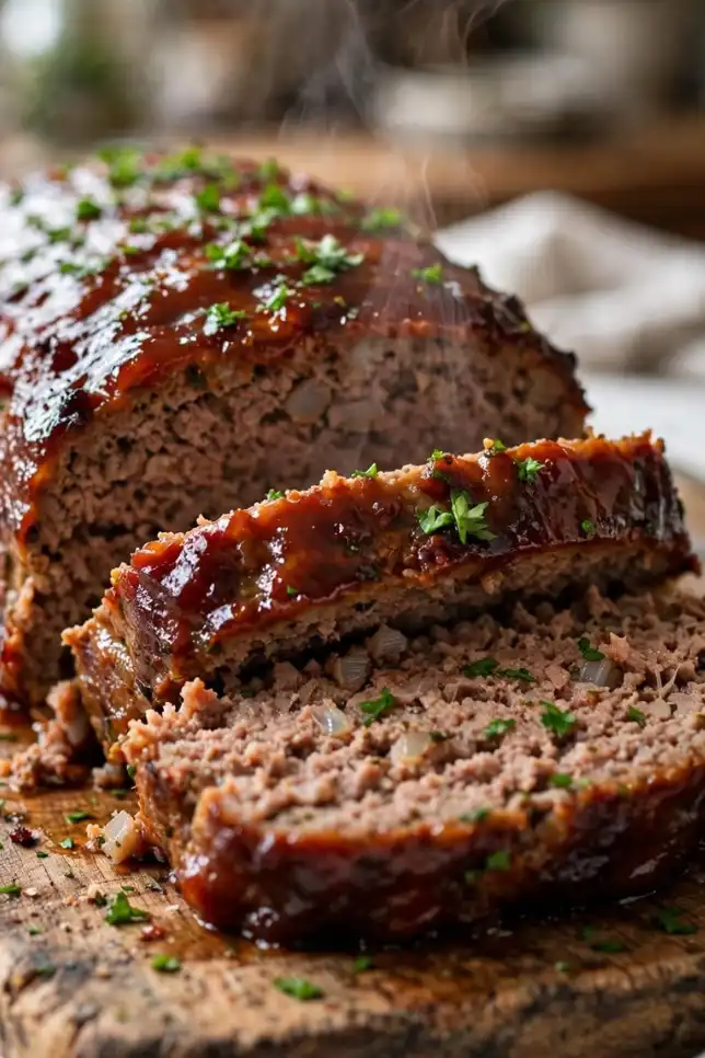 Classic glazed meatloaf with sticky brown sugar glaze sliced on a wooden cutting board