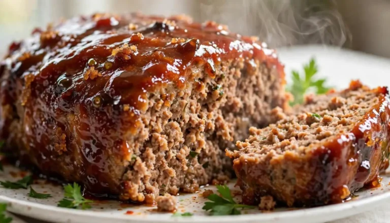 Classic glazed meatloaf with sticky brown sugar glaze sliced on a wooden cutting board