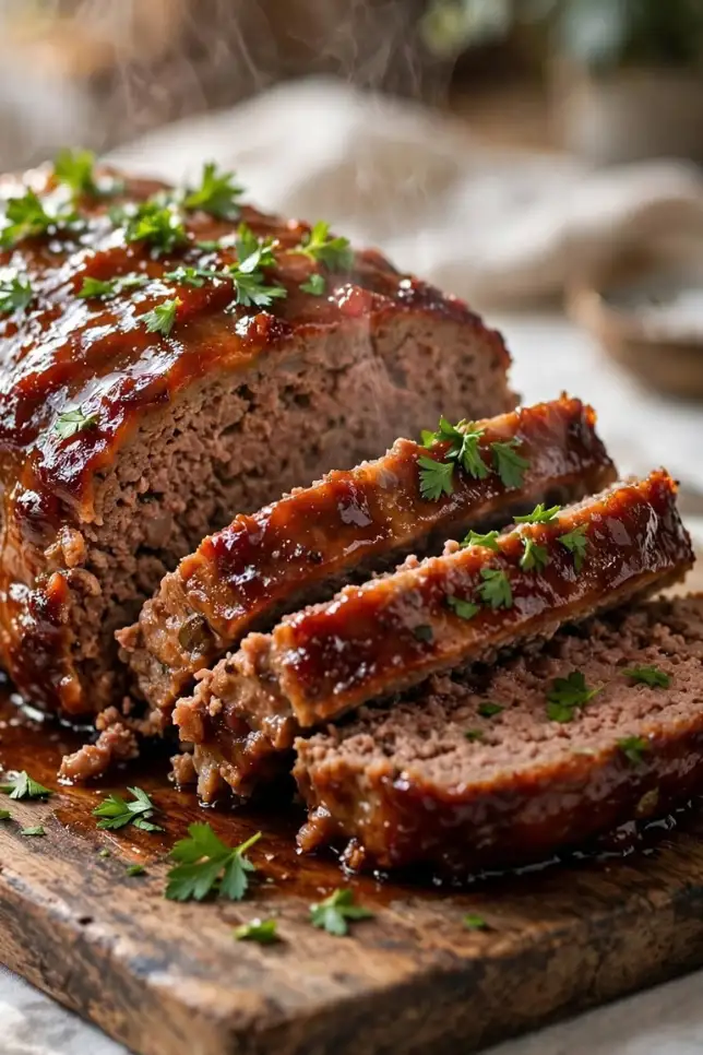 Classic glazed meatloaf with sticky brown sugar glaze sliced on a wooden cutting board