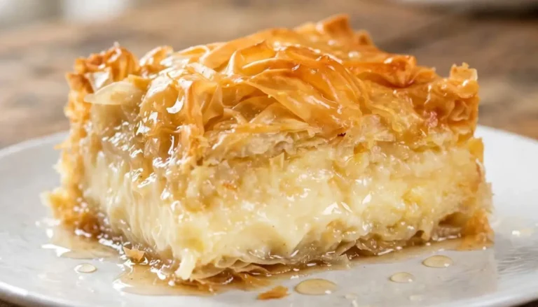 Slice of Greek galaktoboureko showing crisp phyllo layers and creamy custard center drizzled with syrup